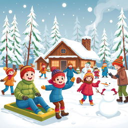 A vibrant and cheerful winter scene featuring a group of kids and adults enjoying various winter activities like sledding, ice skating, and building snowmen