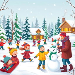 A vibrant and cheerful winter scene featuring a group of kids and adults enjoying various winter activities like sledding, ice skating, and building snowmen