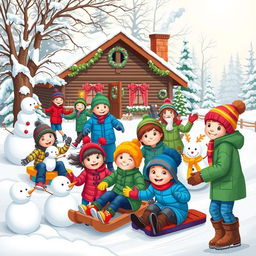 A vibrant and cheerful winter scene featuring a group of kids and adults enjoying various winter activities like sledding, ice skating, and building snowmen