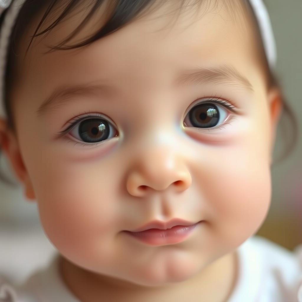 A close-up image of a baby girl's face, capturing her innocent and adorable expression