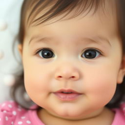 A close-up image of a baby girl's face, capturing her innocent and adorable expression