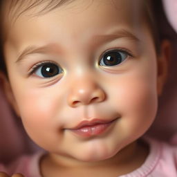 A close-up image of a baby girl's face, capturing her innocent and adorable expression