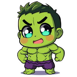 A kawaii anime-style depiction of The Hulk, featuring big, sparkling eyes, a cute expression, and a chibi-like appearance