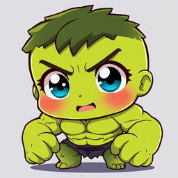 A kawaii anime-style depiction of The Hulk, featuring big, sparkling eyes, a cute expression, and a chibi-like appearance