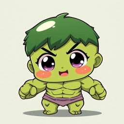 A kawaii anime-style depiction of The Hulk, featuring big, sparkling eyes, a cute expression, and a chibi-like appearance