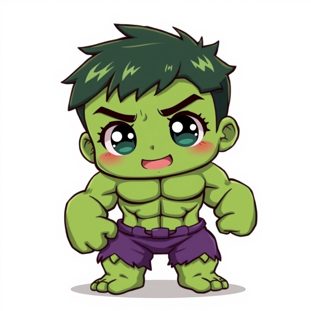 A kawaii anime-style depiction of The Hulk, featuring big, sparkling eyes, a cute expression, and a chibi-like appearance