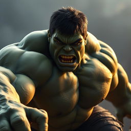 A photorealistic, 4K cinematic photography depiction of The Hulk in a dynamic pose