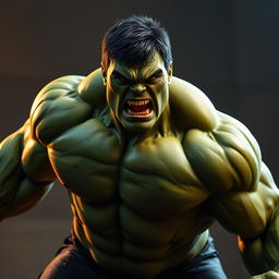 A photorealistic, 4K cinematic photography depiction of The Hulk in a dynamic pose