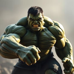 A photorealistic, 4K cinematic photography depiction of The Hulk in a dynamic pose