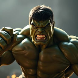 A photorealistic, 4K cinematic photography depiction of The Hulk in a dynamic pose