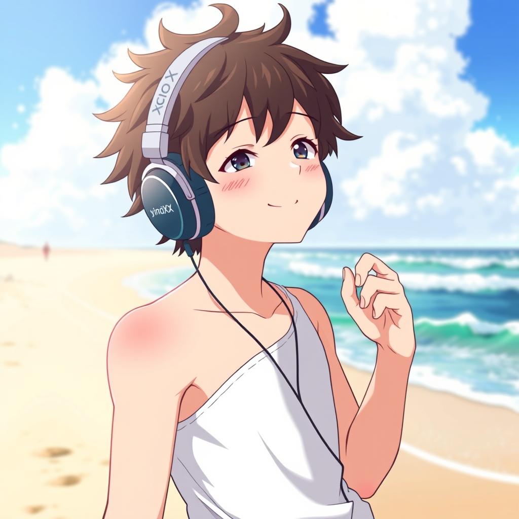 Anime boy with headphones that say 'yingXX' on a beach, enjoying the sunny weather and the sound of the waves