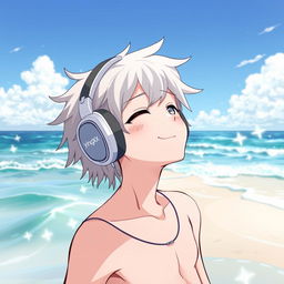 Anime boy with headphones that say 'yingXX' on a beach, enjoying the sunny weather and the sound of the waves