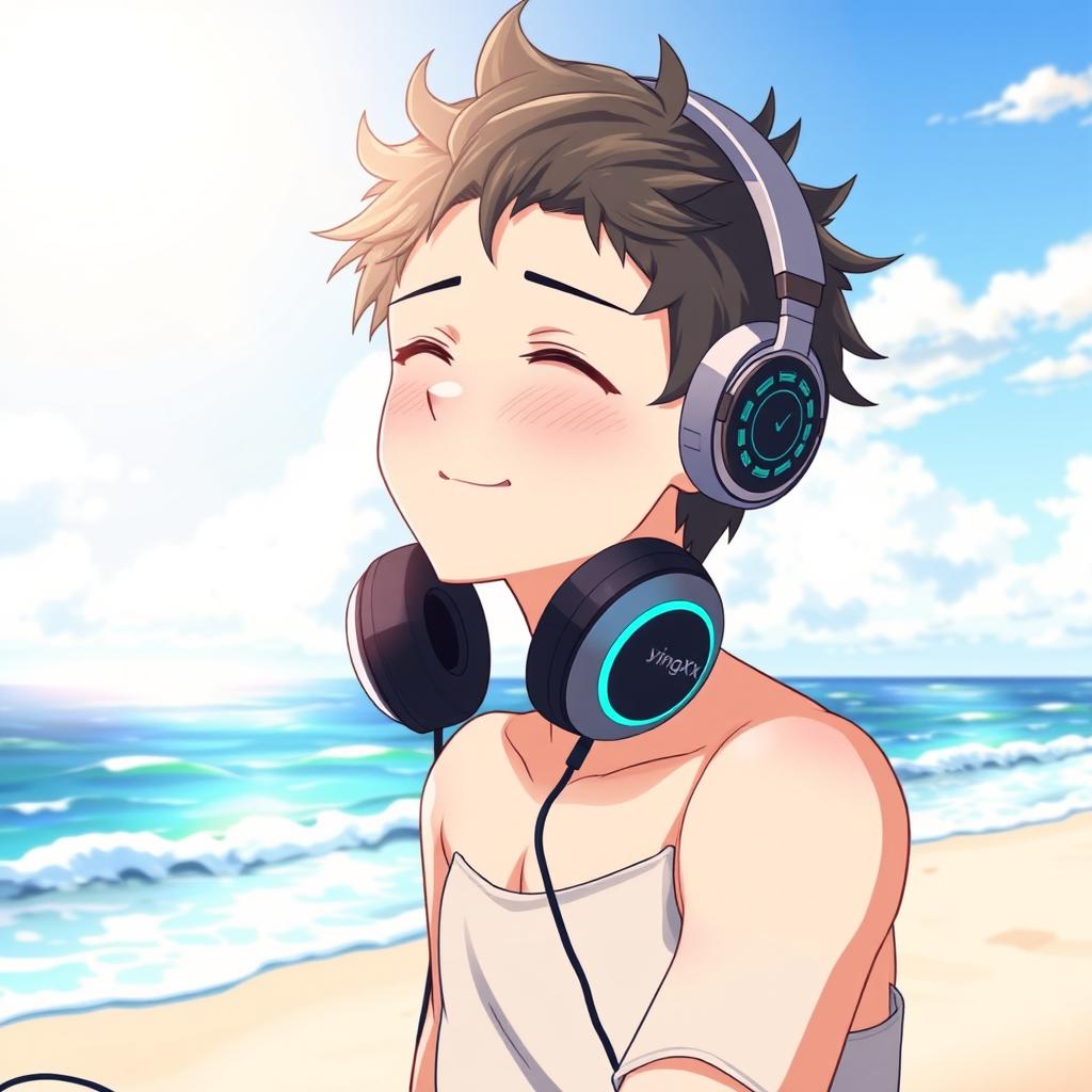 Anime boy with headphones that say 'yingXX' on a beach, enjoying the sunny weather and the sound of the waves