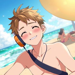 Anime boy with headphones that say 'yingXX' on a beach, enjoying the sunny weather and the sound of the waves