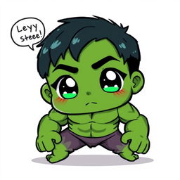 A kawaii anime-style depiction of The Hulk, featuring big, sparkling eyes, a cute expression, and a chibi-like appearance