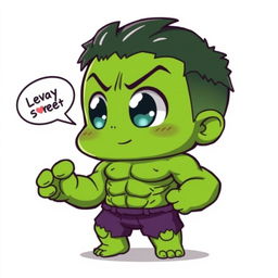 A kawaii anime-style depiction of The Hulk, featuring big, sparkling eyes, a cute expression, and a chibi-like appearance