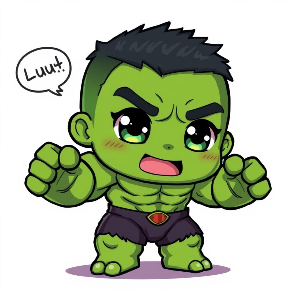 A kawaii anime-style depiction of The Hulk, featuring big, sparkling eyes, a cute expression, and a chibi-like appearance