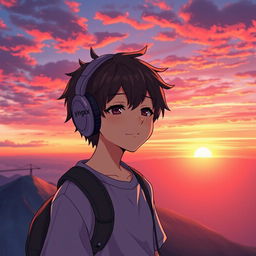 Anime boy with headphones that say 'yingXX' standing on a mountain at sunset