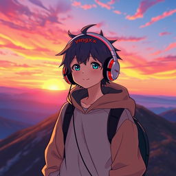 Anime boy with headphones that say 'yingXX' standing on a mountain at sunset