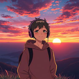 Anime boy with headphones that say 'yingXX' standing on a mountain at sunset