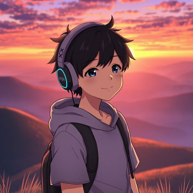 Anime boy with headphones that say 'yingXX' standing on a mountain at sunset