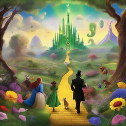 A vibrant and magical scene inspired by 'Oz and the Great of Powerful,' featuring the enchanting land of Oz with its colorful landscapes, mystical creatures, and the grand wizard himself