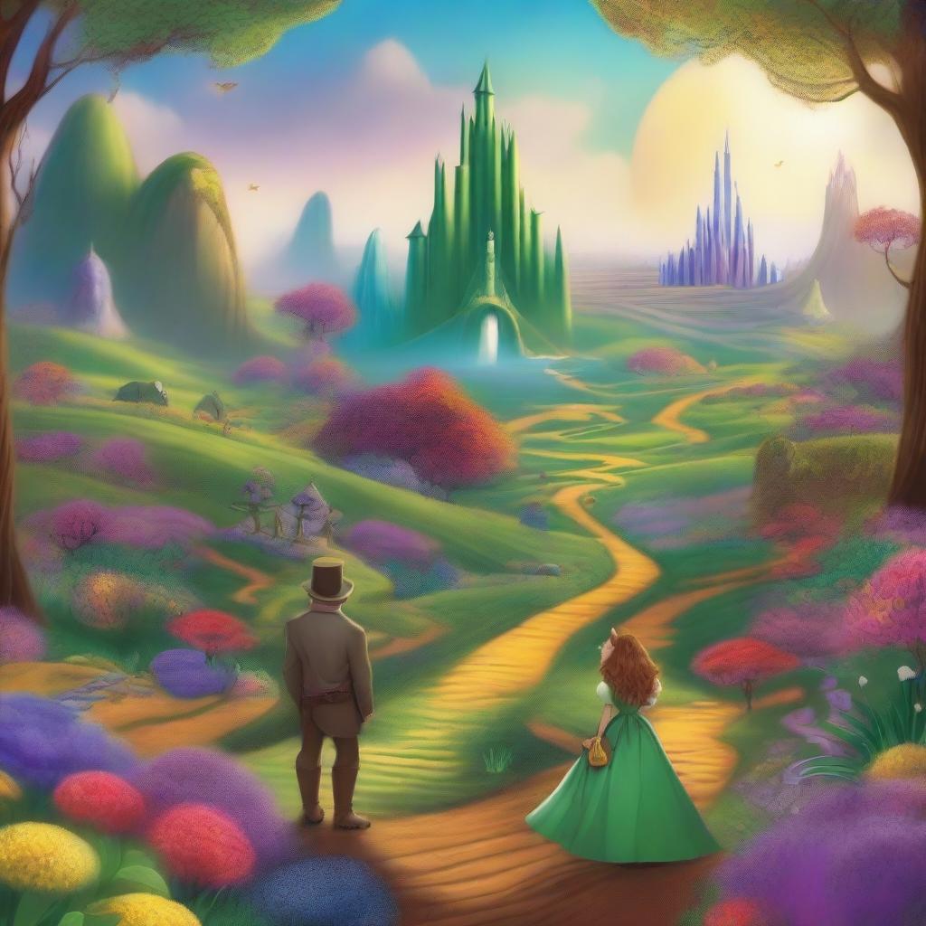 A vibrant and magical scene inspired by 'Oz and the Great of Powerful,' featuring the enchanting land of Oz with its colorful landscapes, mystical creatures, and the grand wizard himself