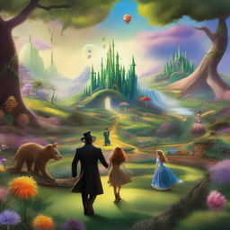 A vibrant and magical scene inspired by 'Oz and the Great of Powerful,' featuring the enchanting land of Oz with its colorful landscapes, mystical creatures, and the grand wizard himself