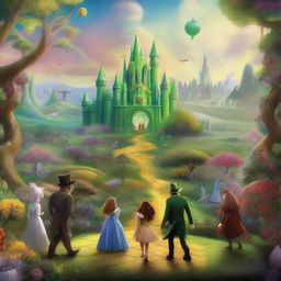 A vibrant and magical scene inspired by 'Oz and the Great of Powerful,' featuring the enchanting land of Oz with its colorful landscapes, mystical creatures, and the grand wizard himself