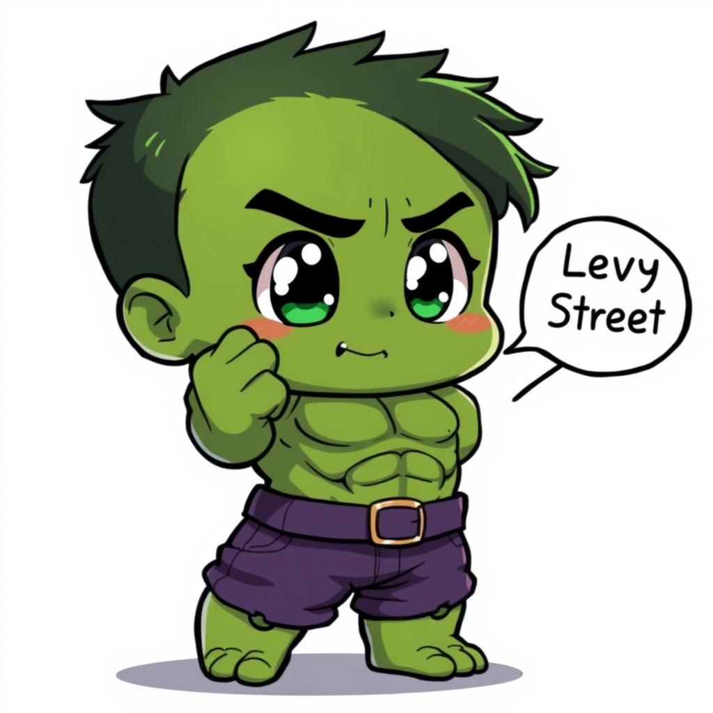 A kawaii anime-style depiction of The Hulk, featuring big, sparkling eyes, a cute expression, and a chibi-like appearance