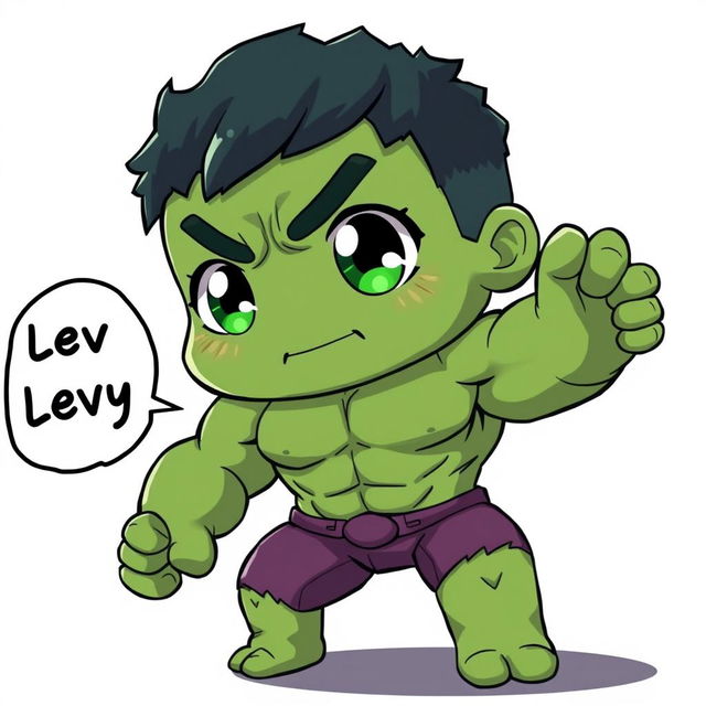 A kawaii anime-style depiction of The Hulk, featuring big, sparkling eyes, a cute expression, and a chibi-like appearance