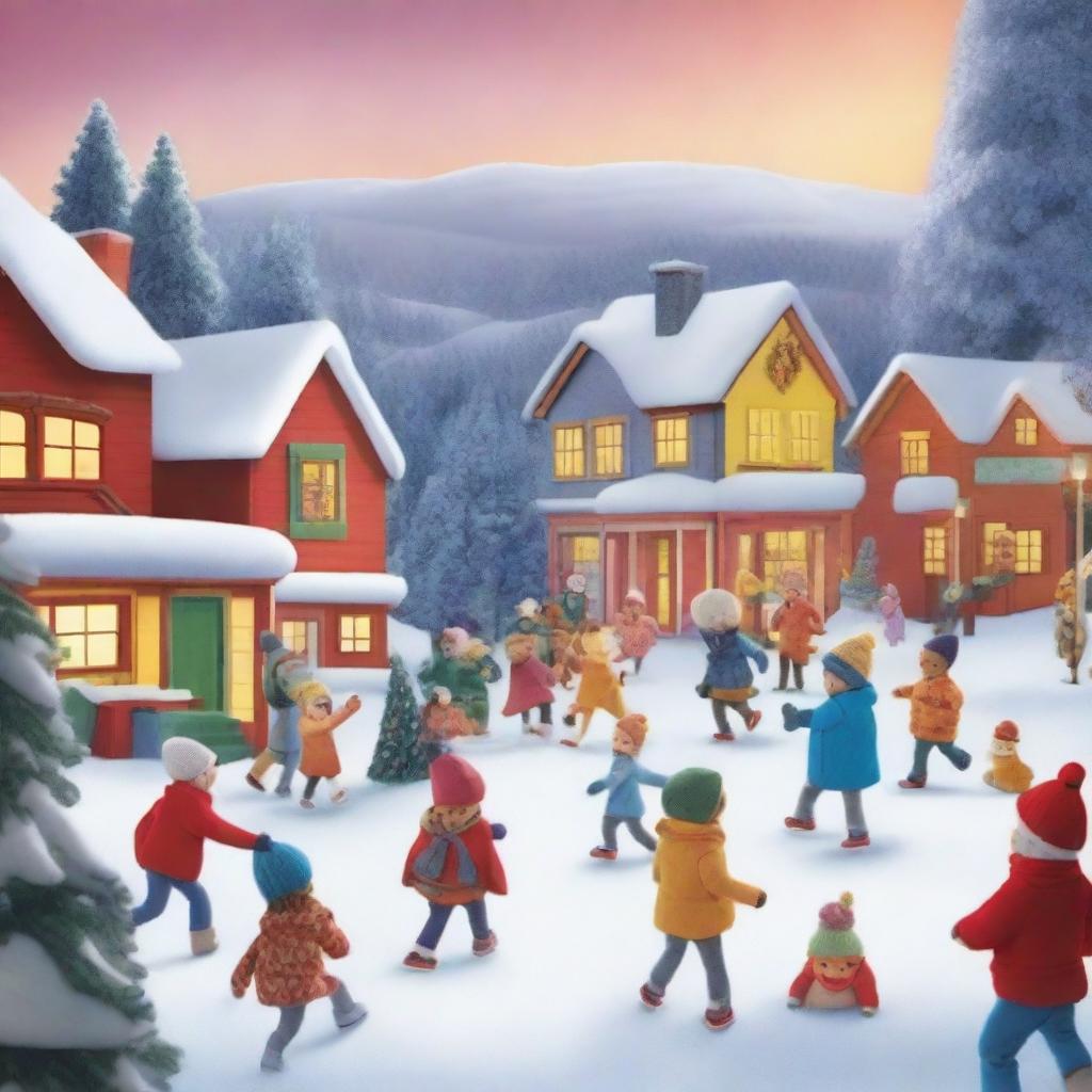 A vibrant and festive winter scene promoting TBS and TNT's Winter Break, featuring snow-covered landscapes, holiday decorations, and joyful characters enjoying winter activities