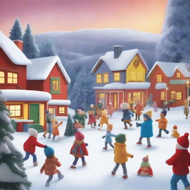 A vibrant and festive winter scene promoting TBS and TNT's Winter Break, featuring snow-covered landscapes, holiday decorations, and joyful characters enjoying winter activities