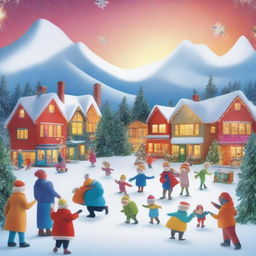 A vibrant and festive winter scene promoting TBS and TNT's Winter Break, featuring snow-covered landscapes, holiday decorations, and joyful characters enjoying winter activities