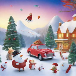 A vibrant and festive winter scene promoting TBS and TNT's Winter Break, featuring snow-covered landscapes, holiday decorations, and joyful characters enjoying winter activities