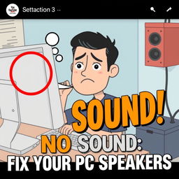 A YouTube thumbnail illustration showing a computer setup with speakers that are not working