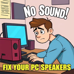 A YouTube thumbnail illustration showing a computer setup with speakers that are not working