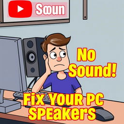 A YouTube thumbnail illustration showing a computer setup with speakers that are not working