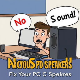 A YouTube thumbnail illustration showing a computer setup with speakers that are not working