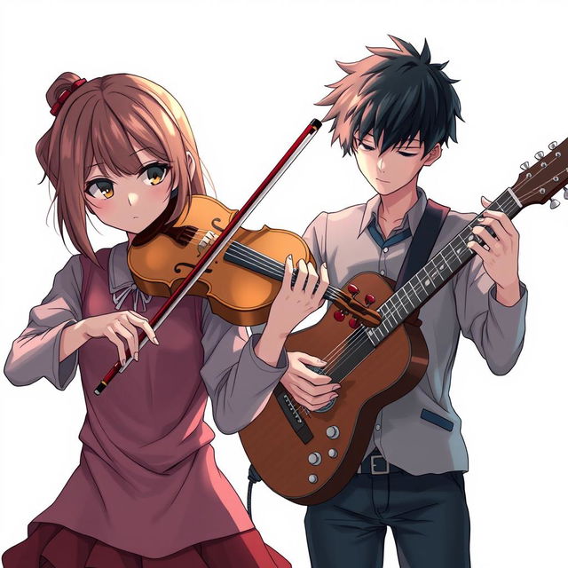 A manga-style girl playing the violin with a serious expression, alongside a manga-style boy playing the guitar with equal intensity