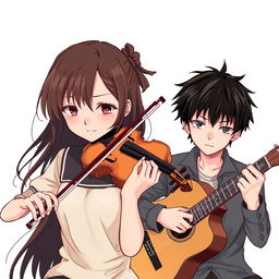 A manga-style girl playing the violin with a serious expression, alongside a manga-style boy playing the guitar with equal intensity