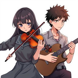 A manga-style girl playing the violin with a serious expression, alongside a manga-style boy playing the guitar with equal intensity