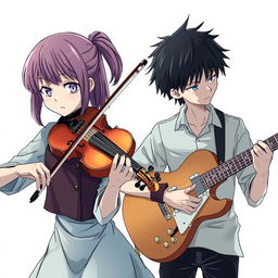 A manga-style girl playing the violin with a serious expression, alongside a manga-style boy playing the guitar with equal intensity