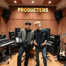 Jungkook and Taehyung posing in a recording studio with the title 'PRODUCERS' above them