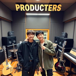 Jungkook and Taehyung posing in a recording studio with the title 'PRODUCERS' above them
