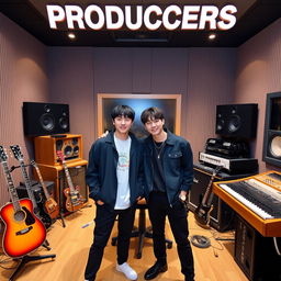 Jungkook and Taehyung posing in a recording studio with the title 'PRODUCERS' above them