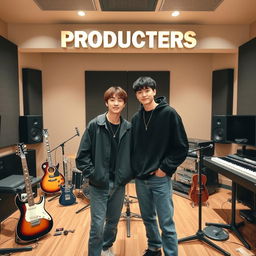 Jungkook and Taehyung posing in a recording studio with the title 'PRODUCERS' above them