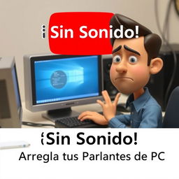 Una miniatura de YouTube que muestra una configuración de computadora con parlantes que no funcionan