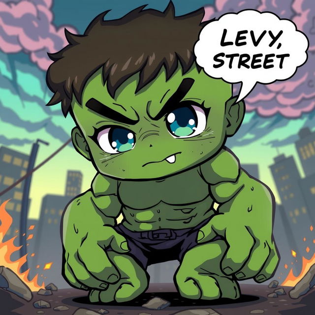 A kawaii anime-style Hulk in an intense manga scene with a big speech bubble that says 'Levy Street', styled like Makoto Shinkai's work