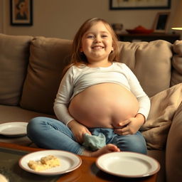 A girl with a stuffed belly, looking satisfied and happy